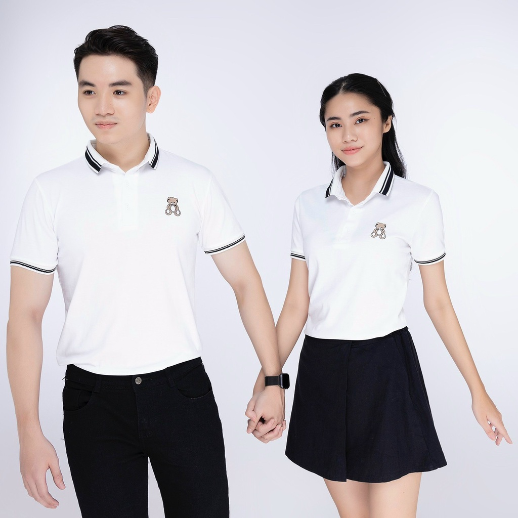 Áo thun polo cặp đôi nam nữ thêu gấu chất thun cá sấu cao cấp mềm mịn co giãn thoáng mát - ATC6 - Giá 1 áo