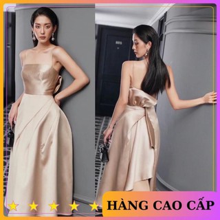 Đầm sang trọng đầm dự tiệc hai dây hở lưng nơ nhún Taffeta cao cấp dạ hội đi chơi - MN119