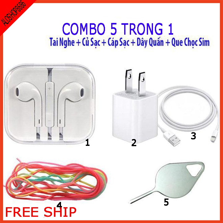 (COMBO 5 SẢN PHẨM ) Bộ 5 MÓN ,Củ sạc VUÔNG +Tai nnghe +cáp sạc +2 dây cuốn sạc +1 que lấy sim (bộ đầy đủ cho IPHONE )