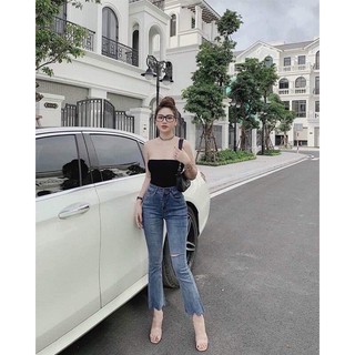 Quần bò loe xanh cắt gấu rách đùi