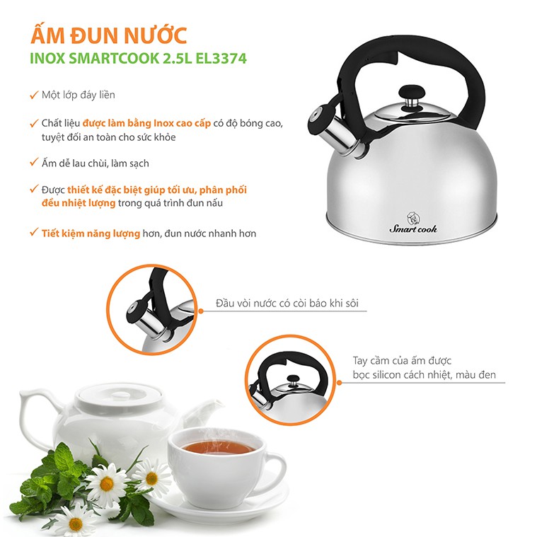 ẤM ĐUN NƯỚC BẰNG INOX CAO CẤP SMARTCOOK 2.5L SM3374- DÙNG BẾP TỪ, HỒNG NGOẠI, GAS