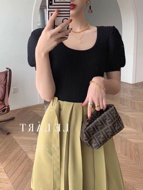 Áo len tăm kiểu cổ vuông tay bồng, Áo kiểu vai bồng tay bo chun AL1612 - NhiNhiShop