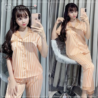 Đồ bộ pịama lụa tay ngắn quần dài (sọc trơn)