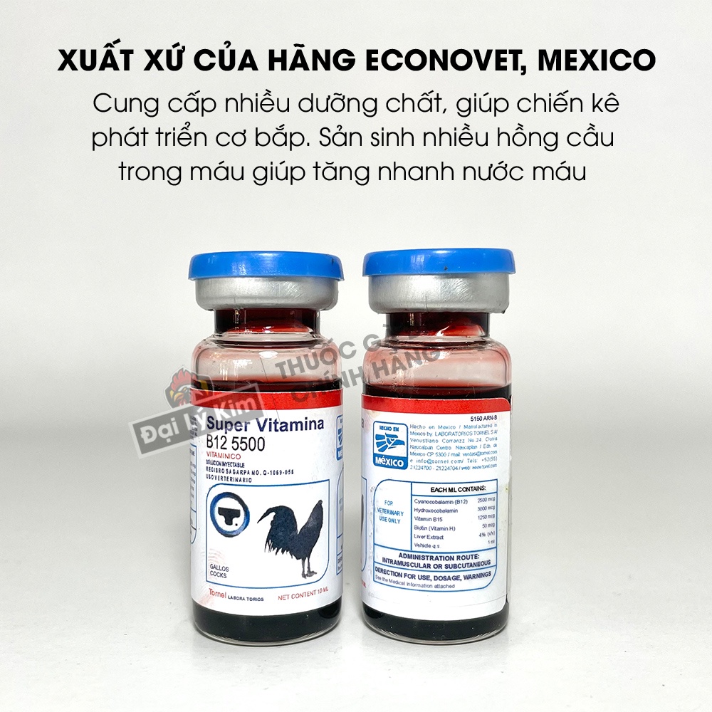 Dinh dưỡng nuôi gà đá tăng bo B12 5500, chai 10ml, nhập khẩu Mexico chính hãng