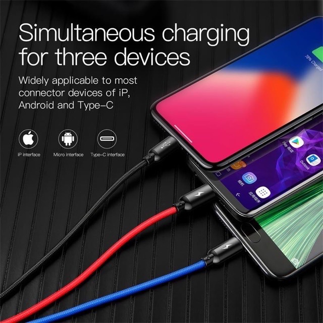 Cáp sạc 3 đầu Baseus Kevlar 3 trong 1 USB type C /micro usb /Android-lightning dành cho iPhone X Xs Max Dây sạc đa năng