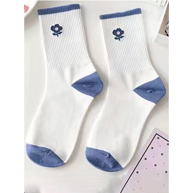 Vớ cotton dài màu xanh dương kẻ sọc đơn giản thấm hút mồ hôi phong cách Nhật Bản thời trang mùa thu cho nữ JP5