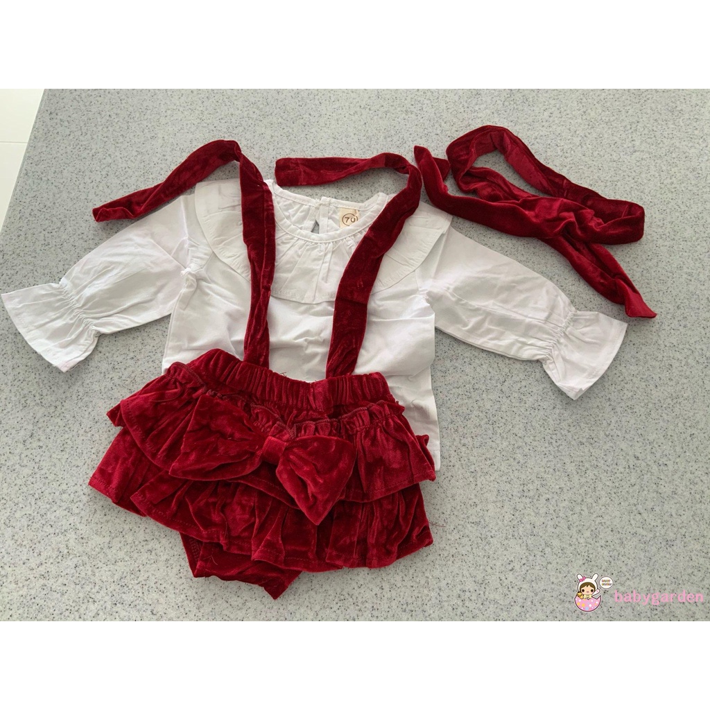 Bộ áo thun tay dài cổ ren màu trơn + quần yếm ngắn + băng đô nơ dễ thương cho bé gái