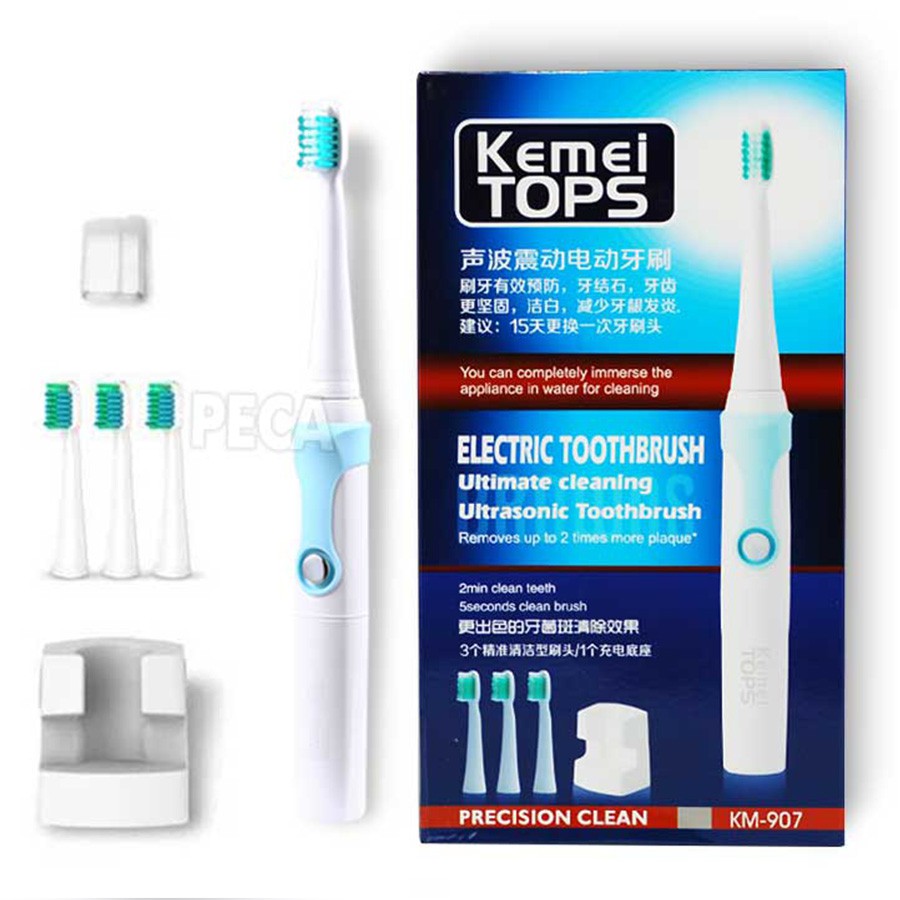 Bàn chải đánh răng điện Kemei KM-907 sạc không dây, sử dụng công nghệ rung siêu âm hiện đại chống thấm nước IPX7 an toàn