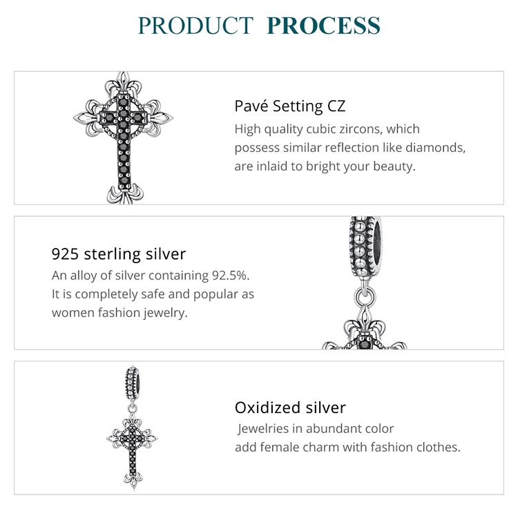 Mặt vòng cổ BAMOER bạc 925 hình thánh giá màu đen phong cách retro cao cấp