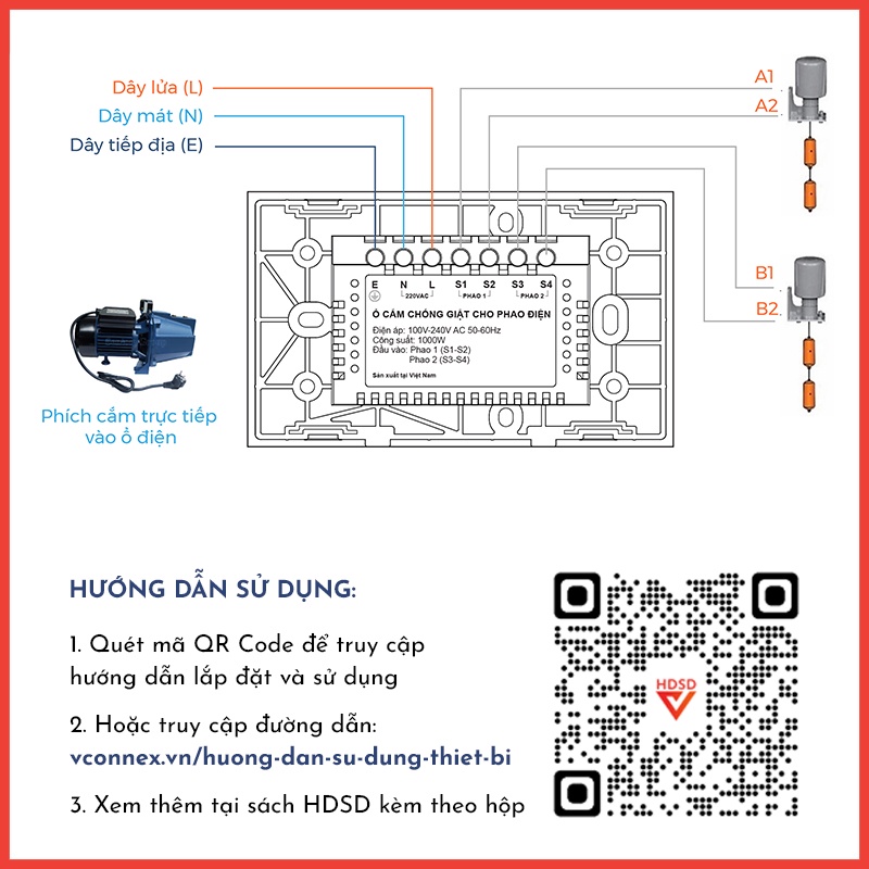 Ổ Cắm Máy Bơm Tích Hợp Chuyển Nguồn Phao Điện 220V Sang 5V - Chuẩn Đế Âm Tường Chữ Nhật Lắp Đặt Dễ Dàng - Bảo Hành 2 Năm