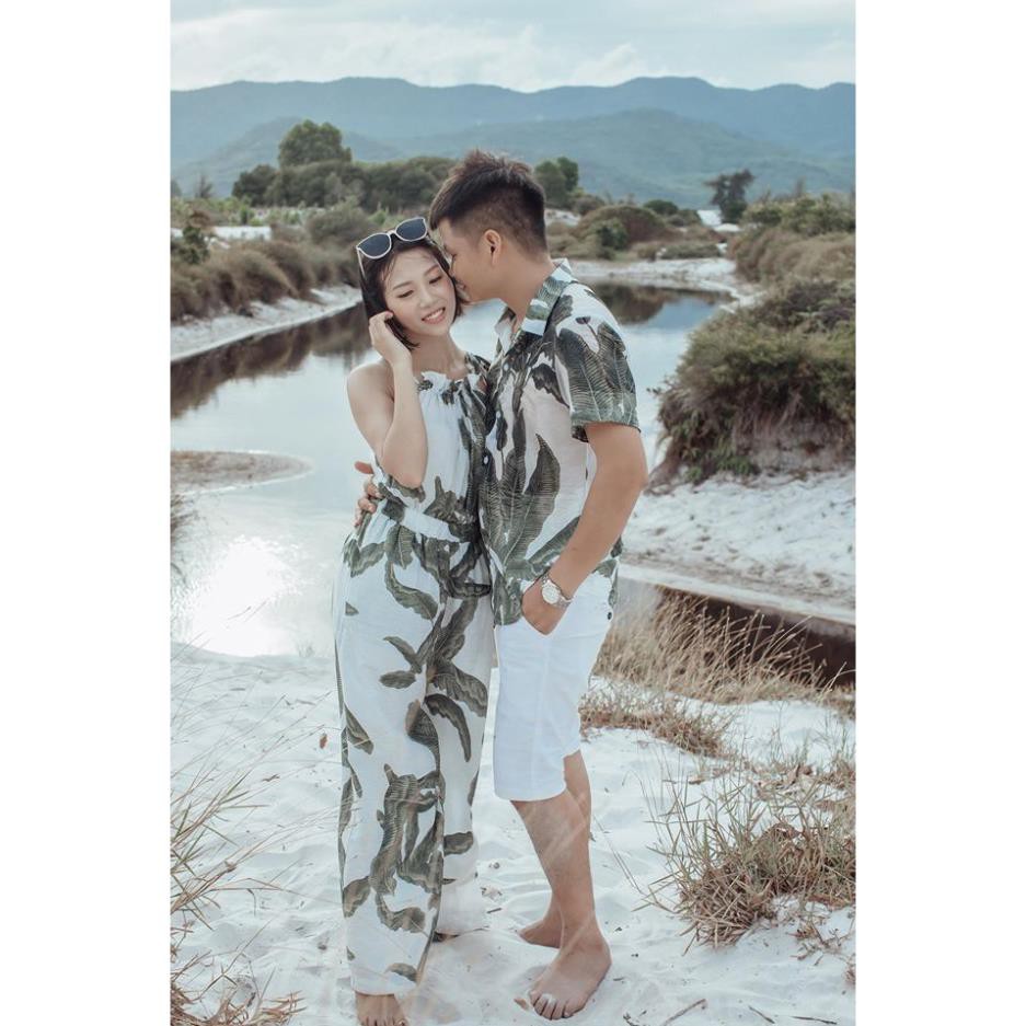 Set Váy áo sơ mi đôi nam nữ đi biển họa tiết hoa lá VSM Couple AV09