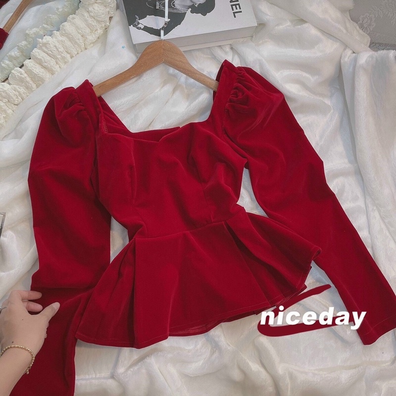 Áo noel đỏ nhung tay phồng vai dài tay siêu xinh cho bạn gái iu thích style vintage