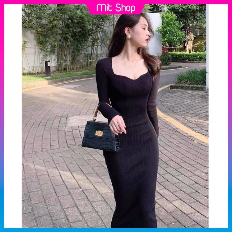 Đầm body cổ vuông dài tay váy body dáng dài