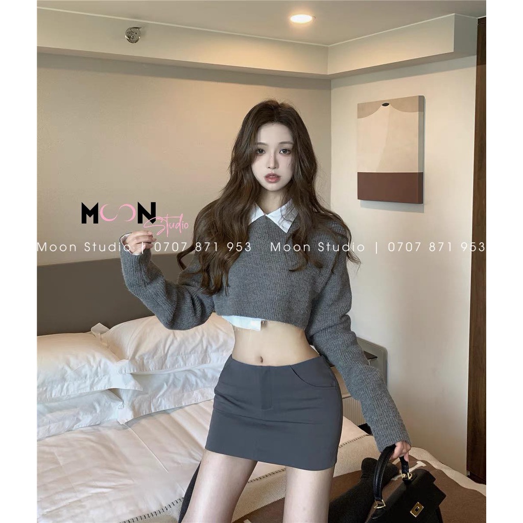 Set áo croptop và chân váy 3 món - xám sexy