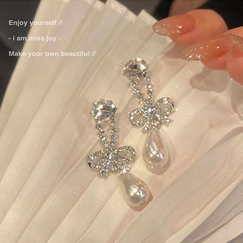 Bông Tai Mạ Bạc 925 Hình Nơ Đính Ngọc Trai Cao Cấp Phong Cách Hàn Quốc