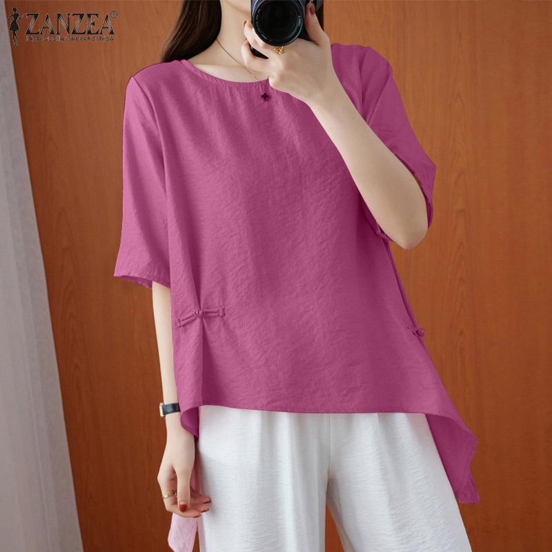 Zanzea Áo Thun Tay Ngắn Cổ Tròn Vạt Lệch Cá Tính Cho Nữ