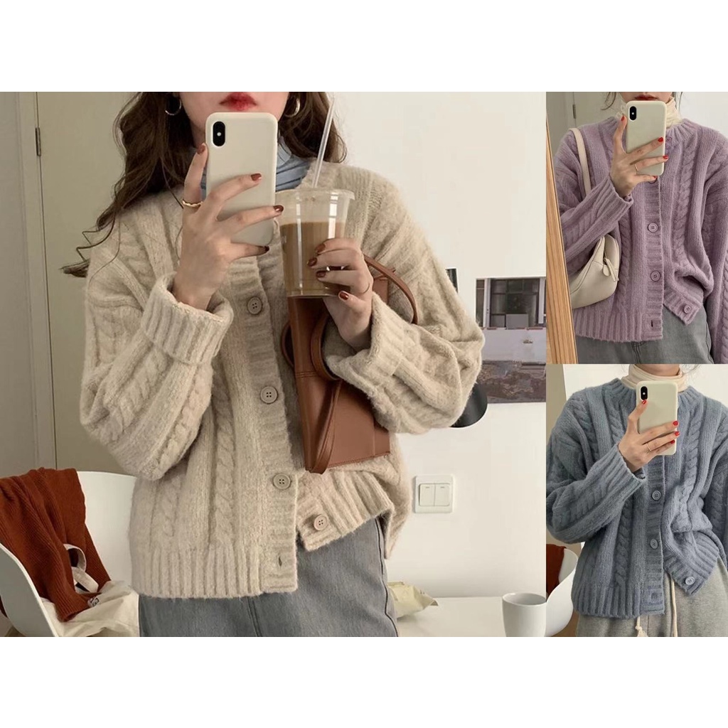 Áo Khoác Cardigan Nữ Cổ Tròn Vải Len Dệt Kim Mềm Mại Màu Trơn Thời Trang Phong Cách Hàn Quốc