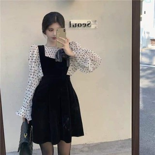 Set yếm nhung áo chấm bi bo tay vintage siêu xinh