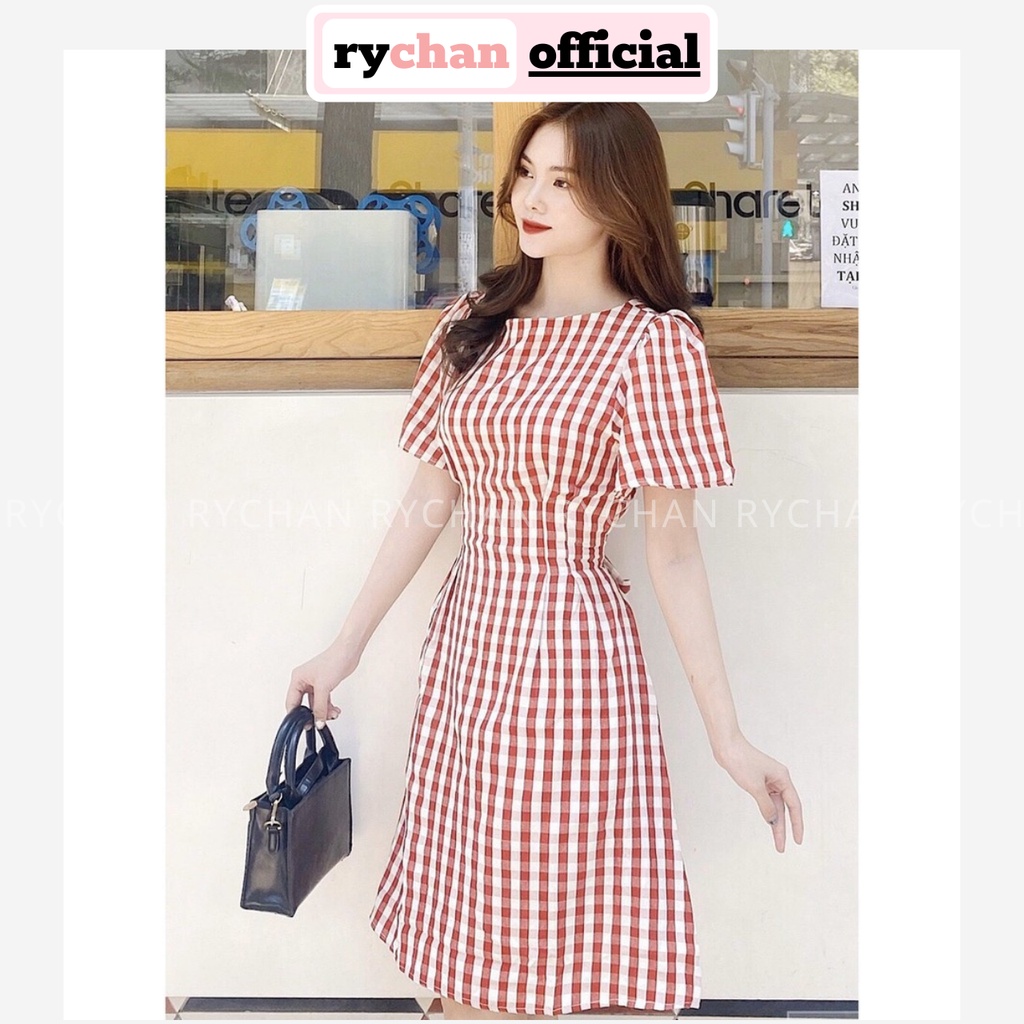 Đầm Xòe Caro Đỏ Buộc Nơ Eo Vải Kate Xịn - DX616