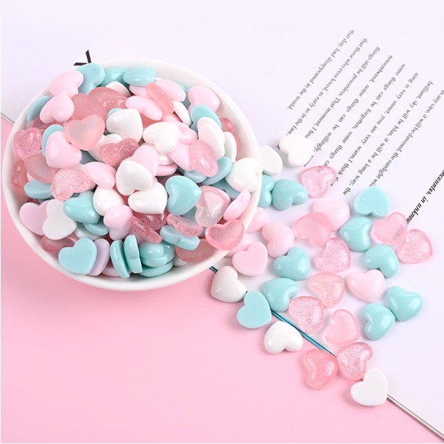 Combo 05 charm trái tim nhựa bóng size nhỏ xinh trang trí kẹp tóc, dán Jibbitz, vỏ ốp điện thoại, DIY