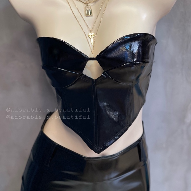 Set Áo Và Chân Váy Da Đen PU Phong Cách Sexy Quyến Rũ Dành Cho Nữ