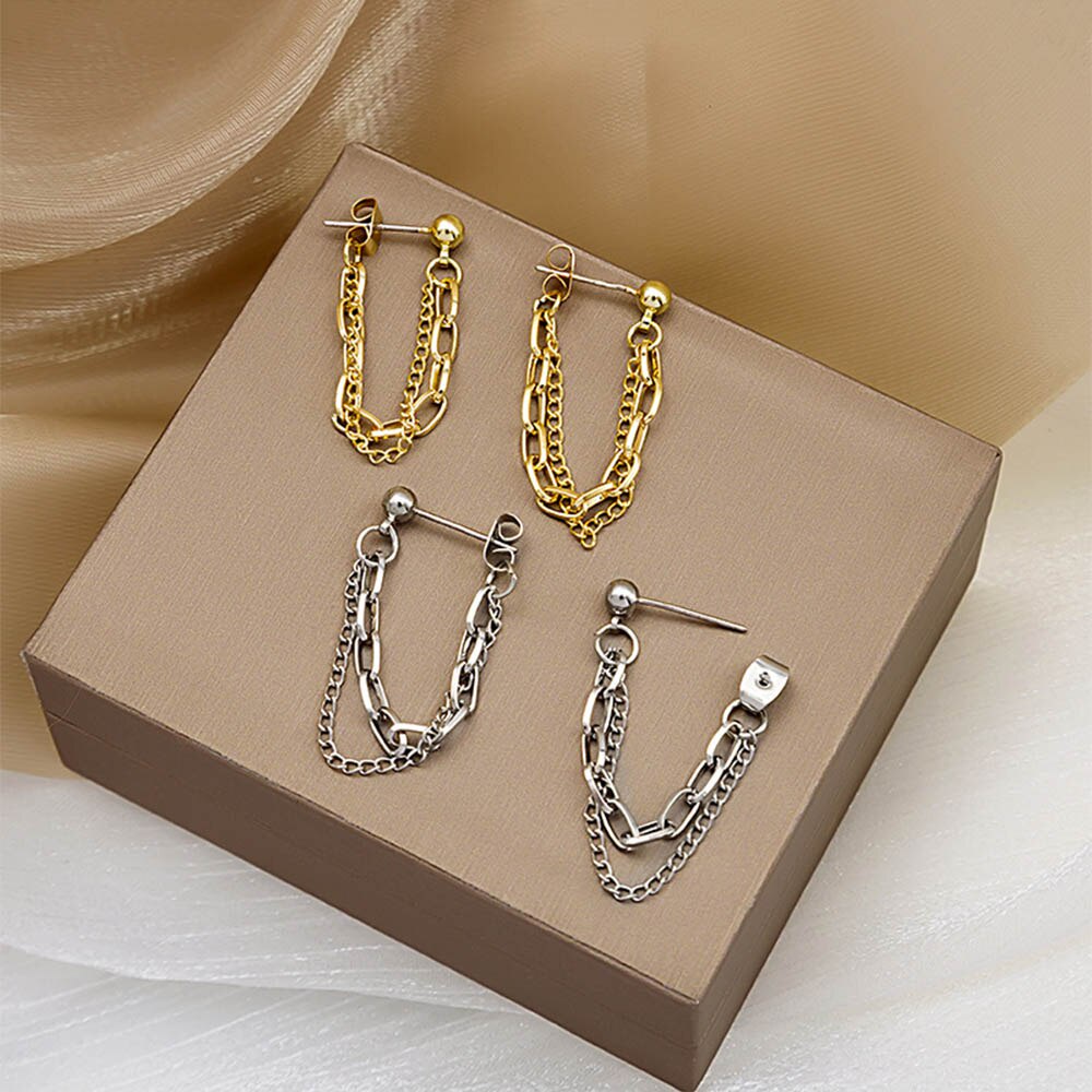 Khuyên tai kim loại mạ vàng/bạc dáng dài đơn giản cho nữ