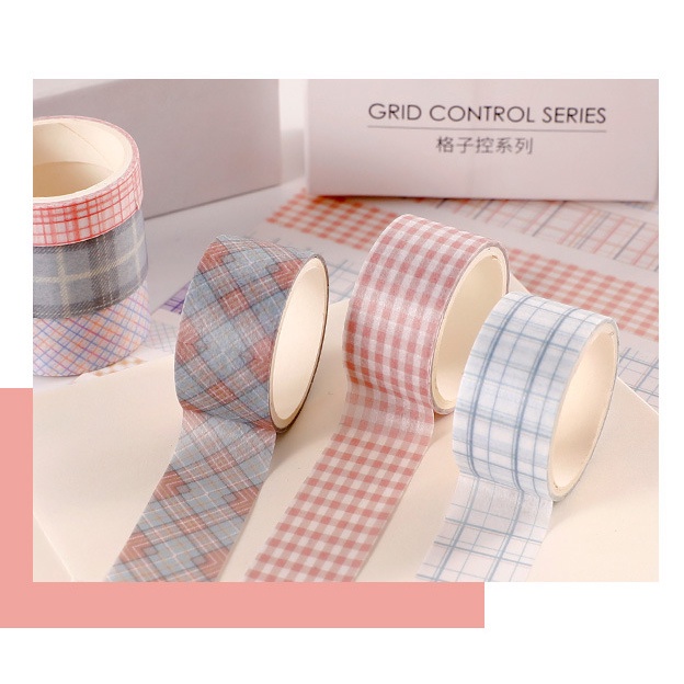 Set 6 Băng Keo Giấy Washi Tape Dán Trang Trí Nhiều Size Caro GingHam Kẻ Sọc Grid Control