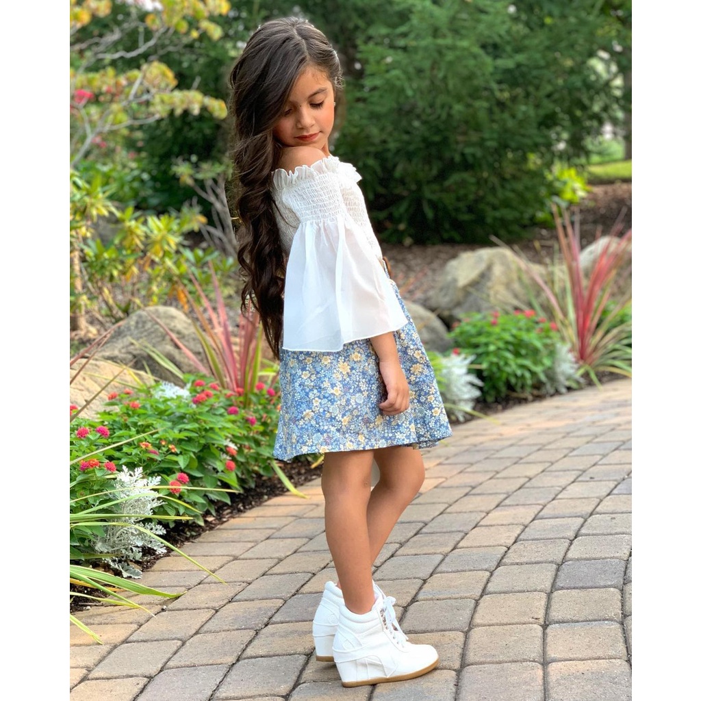 Set Áo Thun Trễ Vai Tay Loe + Chân Váy In Hoa Thời Trang Cho Bé Gái