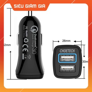 Tẩu củ sạc nhanh QC Qualcomm 3.0 (30W) đa năng dành cho xe hơi ô tô 2 cổng USB hiệu CHOETECH C0051 - hàng chính hãng