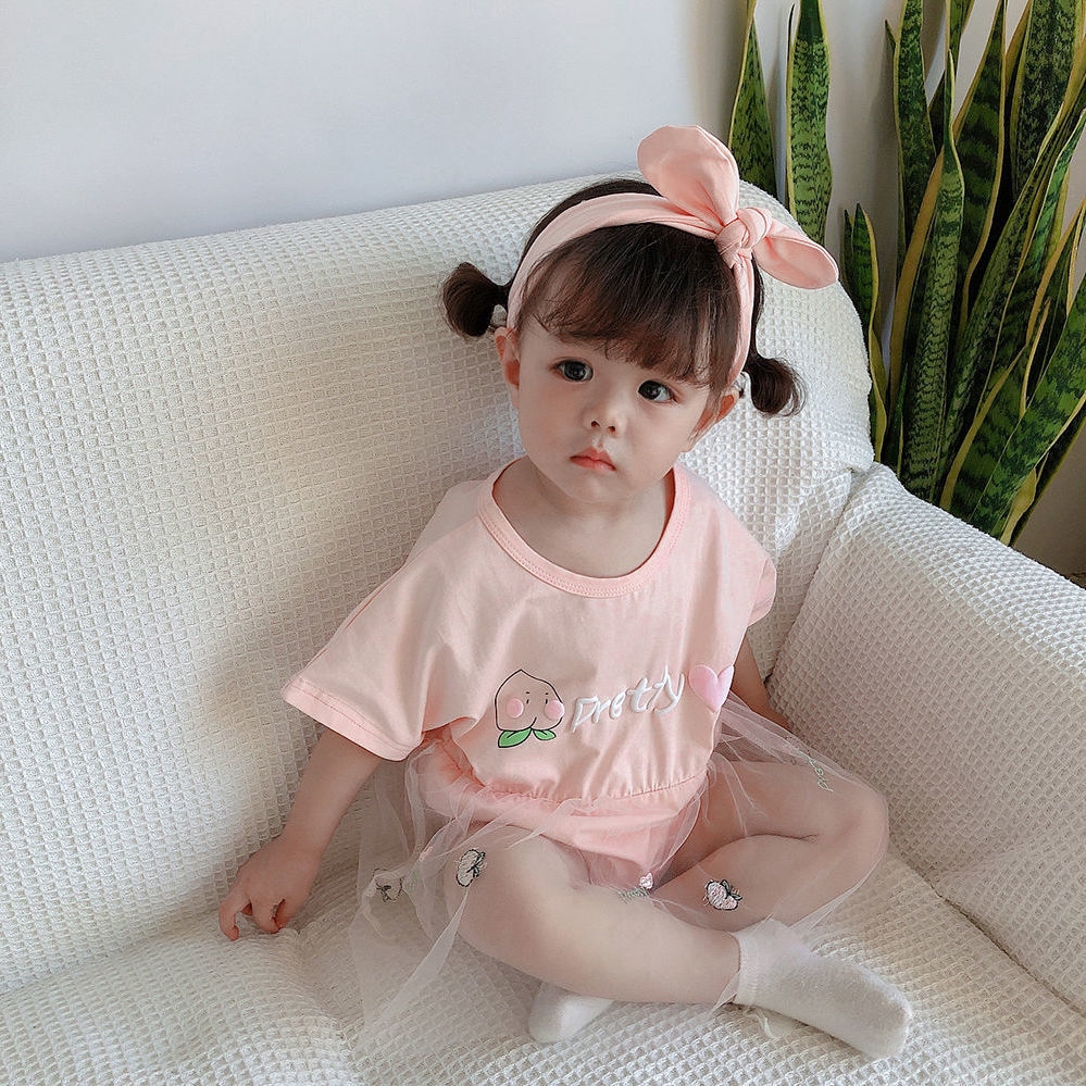 Bộ áo liền quần ngắn tay in họa tiết đáng yêu cho bé gái