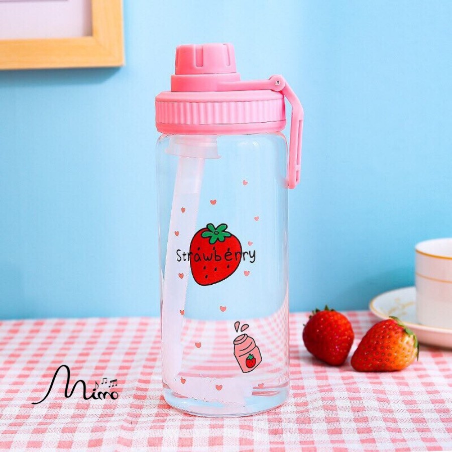 Bình Nước Thủy Tinh Dâu Tây Strawberry Nắp Bật Có Quai Cầm Tiện Lợi Nhiều Hình Đáng Yêu Dung Tích 450ml