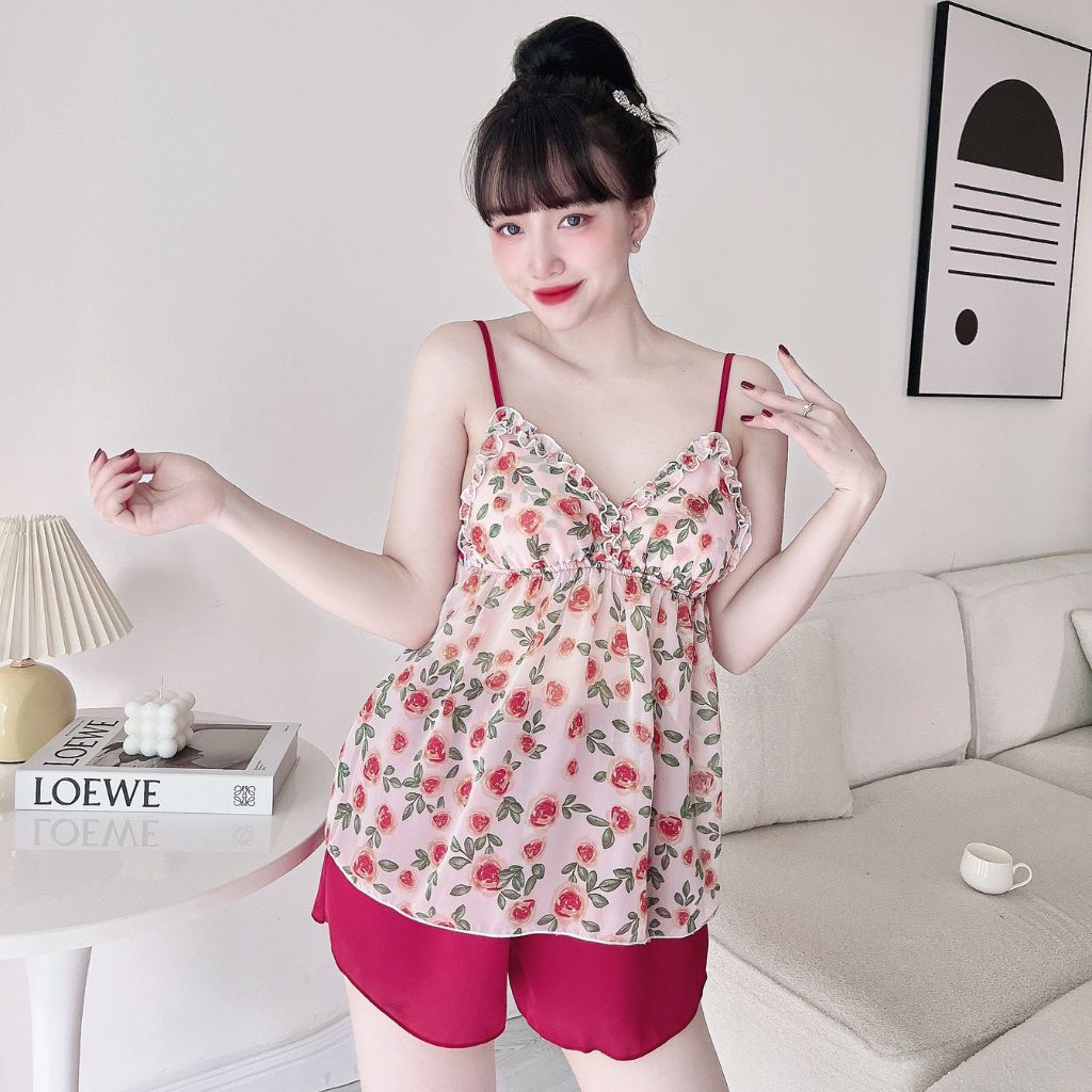 Đồ ngủ nữ mút ngực MIKY,  Đồ ngủ sexy lụa Chiffon phối Satin cao cấp mềm mại xinh xắn &lt; 63KG