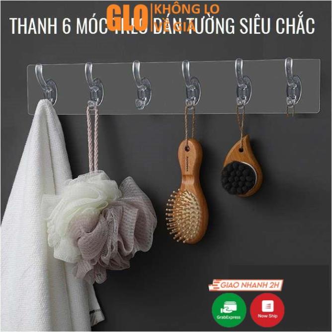 Giá Treo Đồ 6 Móc Nhựa Pha Lê 35x6cm Bản Lớn Dán Tường, Siêu Chịu Lực Không Cần Khoan Đục Tiện Lợi