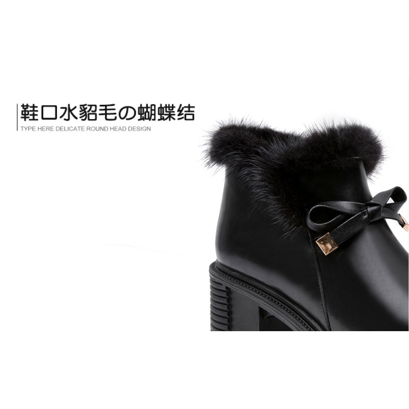 Boot Nữ Đính Nơ Cổ Lông Cao Gót 5 Phân Kéo Khoá YAN