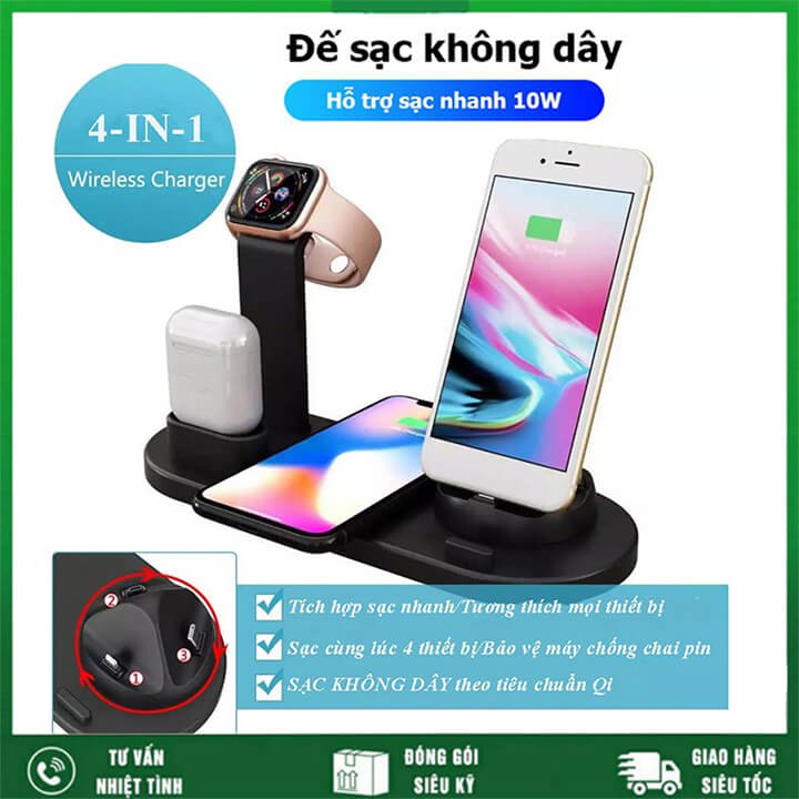 Đế sạc nhanh không dây 4 in 1 cho Apple Watch Iphone Airpods Samsung Oppo