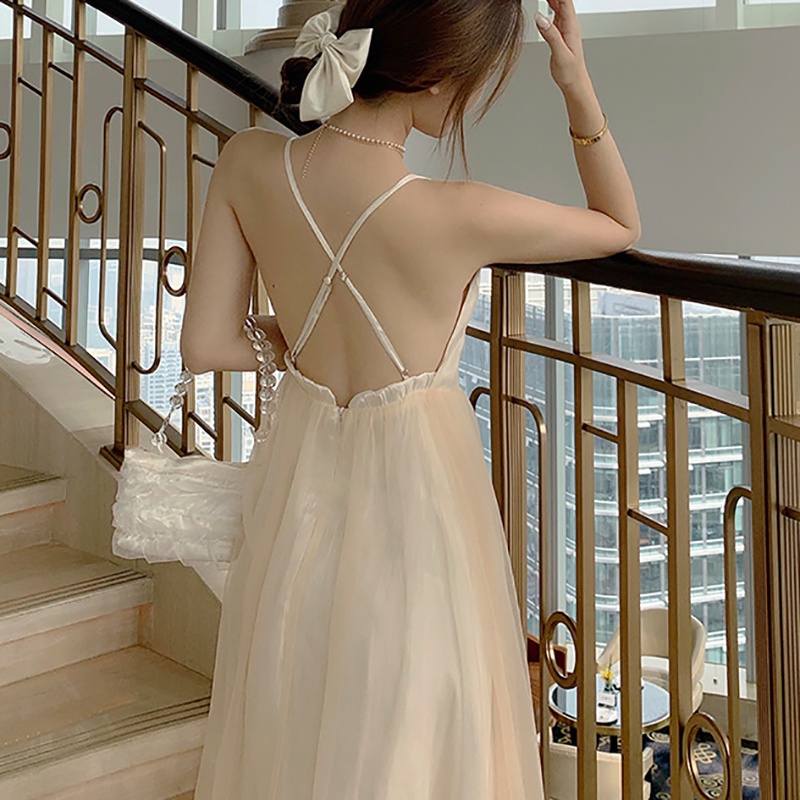 IELGY Đầm Dài Không Tay Cổ Chữ V Màu Trơn Thời Trang Dành Cho Nữ