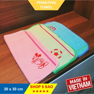 Khăn mẫu giáo mầm non bo viền nhiều màu 50 kí tự khác nhau 30x30cm (26g) #khanmaugiao