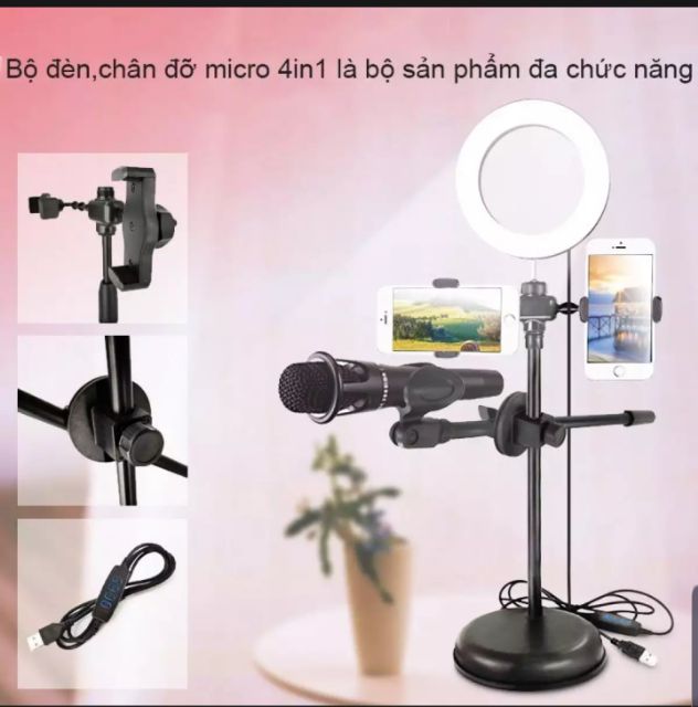 Chân đế kẹp mic có đèn led hỗ trợ sáng livestream