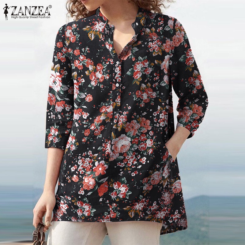 Áo kiểu ZANZEA tay áo 3/4 cổ chữ V in họa tiết hoa đơn giản kiểu vintage dễ phối đồ cho nữ