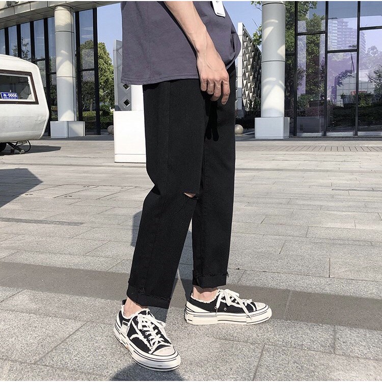 quần jean nam chữ thập thêu rách gối khóa séc zip đen HELLOYOU, quầ bò jean nam rách gối ống rộng thánh giá 2023 | BigBuy360 - bigbuy360.vn