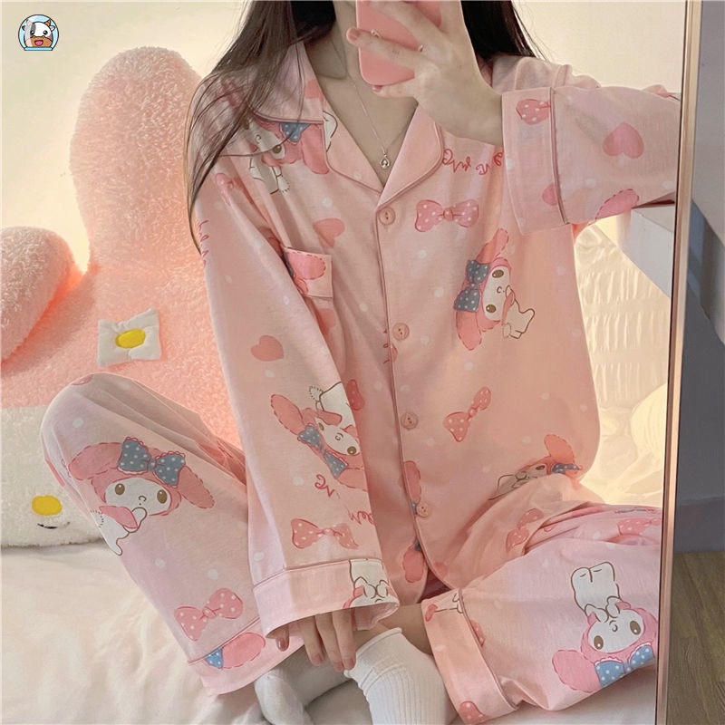 Bộ Đồ Ngủ Tay Dài Dáng Rộng In Họa Tiết Melody Dễ Thương Thời Trang Xuân Thu Cho Nữ