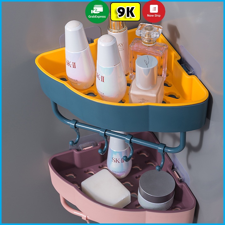 Kệ Góc 2 Lớp Dán Tường Nhà Tắm Nhà Bếp Để Đồ Đa Năng Có Móc Treo Tiện Dụng