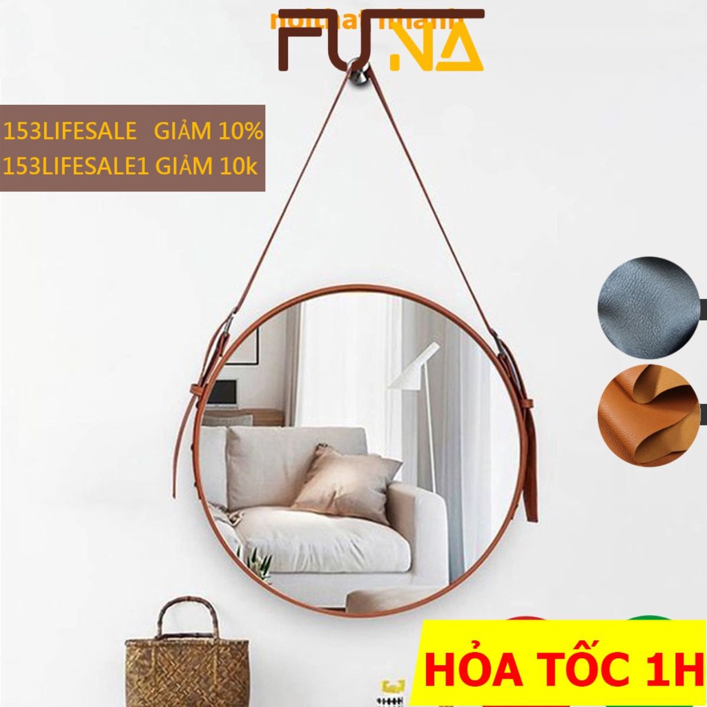 Gương tròn viền dây da treo tường FUNA đủ kích thước lựa chọn 40cm, 50cm