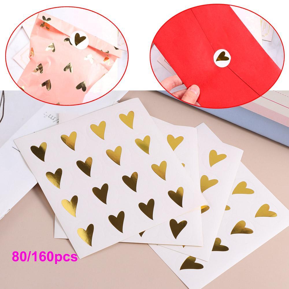 Set 1 / 80 / 160 Sticker Handmade Hình Trái Tim Tròn Màu Đồng Trang Trí Bánh Kem