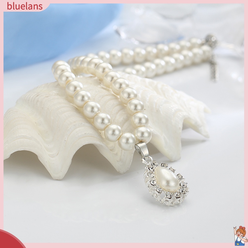 Bộ Vòng cổ + Bông Tai Đính Đá &amp; Ngọc Trai Nhân Tạo Hình Giọt Nước BLUE2