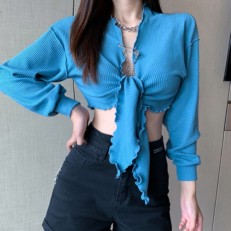 Ladies Sexy V-Neck Long Sleeve Strap Bandage Short Jacket Cardigan