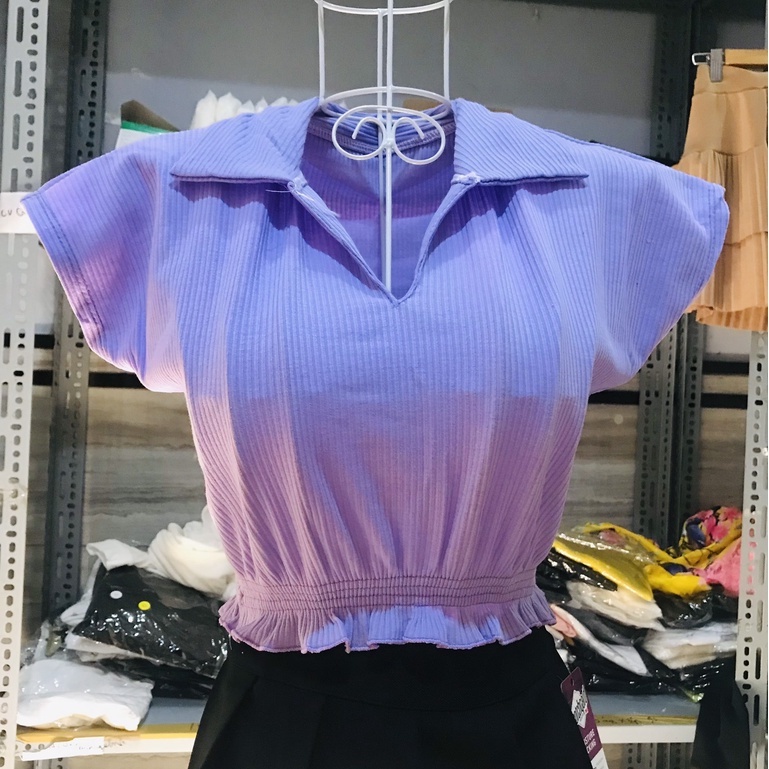 Áo Len Gân croptop cổ bẻ bo eo Quảng châu len gân tăm tay ngắn tôn dáng sành điệu