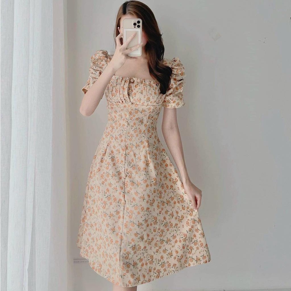 Đầm Hoa Nhí Vintage❤️FREESHIP❤️ Dáng Xòe Cổ Vuông Tay Phồng Phối Nút Ngực Xếp Ly Xinh Xắn