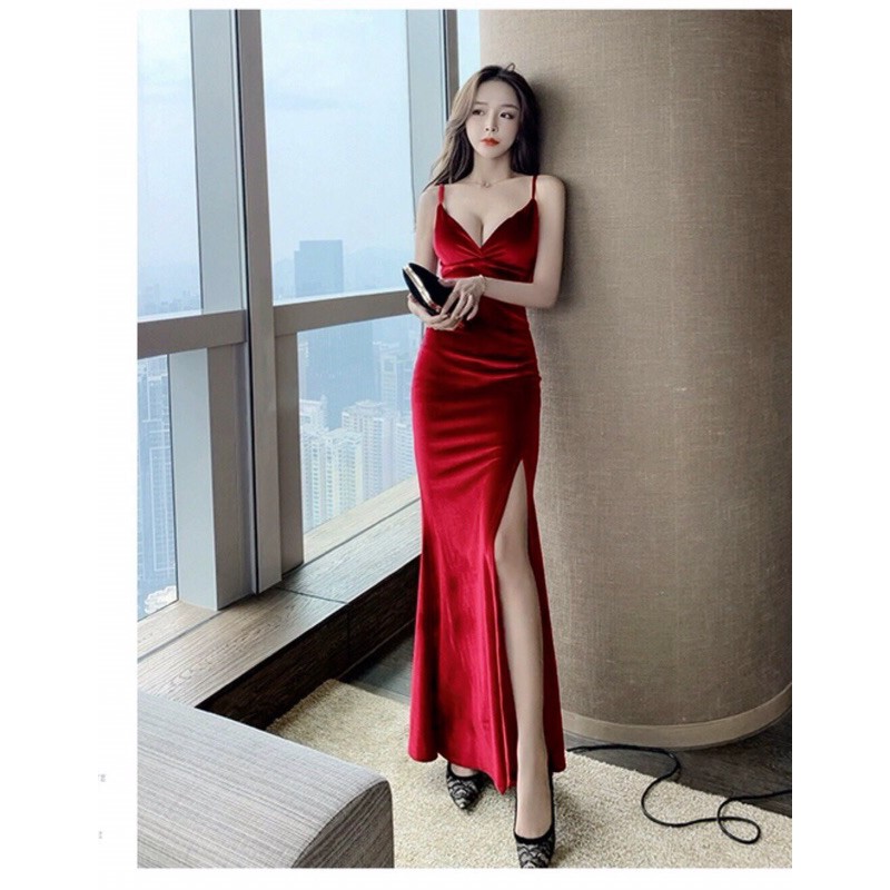 Đầm maxi body nhung dự tiệc 2 dây xẻ đùi gợi cảm TRIPBLE T DRESS - size M/L/XL  S2MT