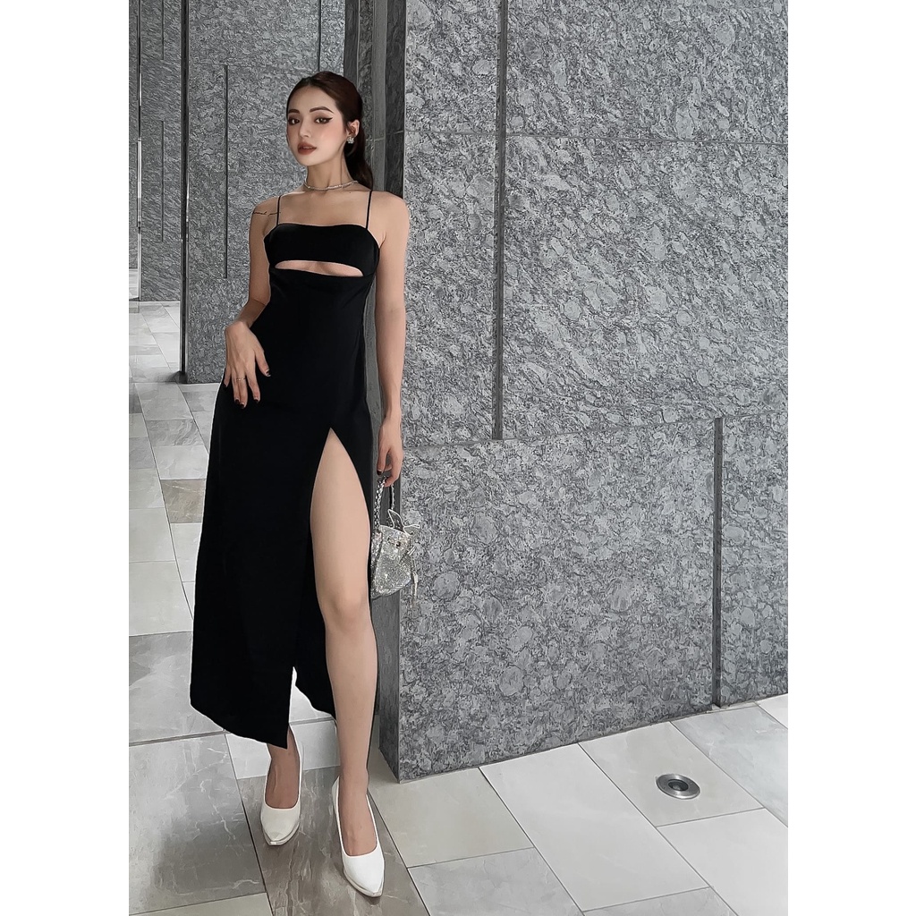 Đầm 2 Dây Khoét Ngực Xẻ Dài LSEOUL V1394 Vải Lụa Sang Trọng Quyến Rũ Phù Hợp Đi Tiệc